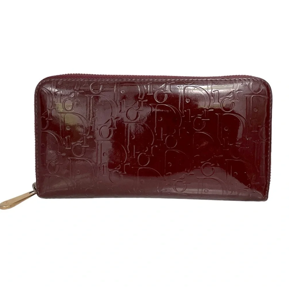 DIOR | Vintage Trotter Print Patent Leather Long Zip Wallet in Bordeaux/Lavender